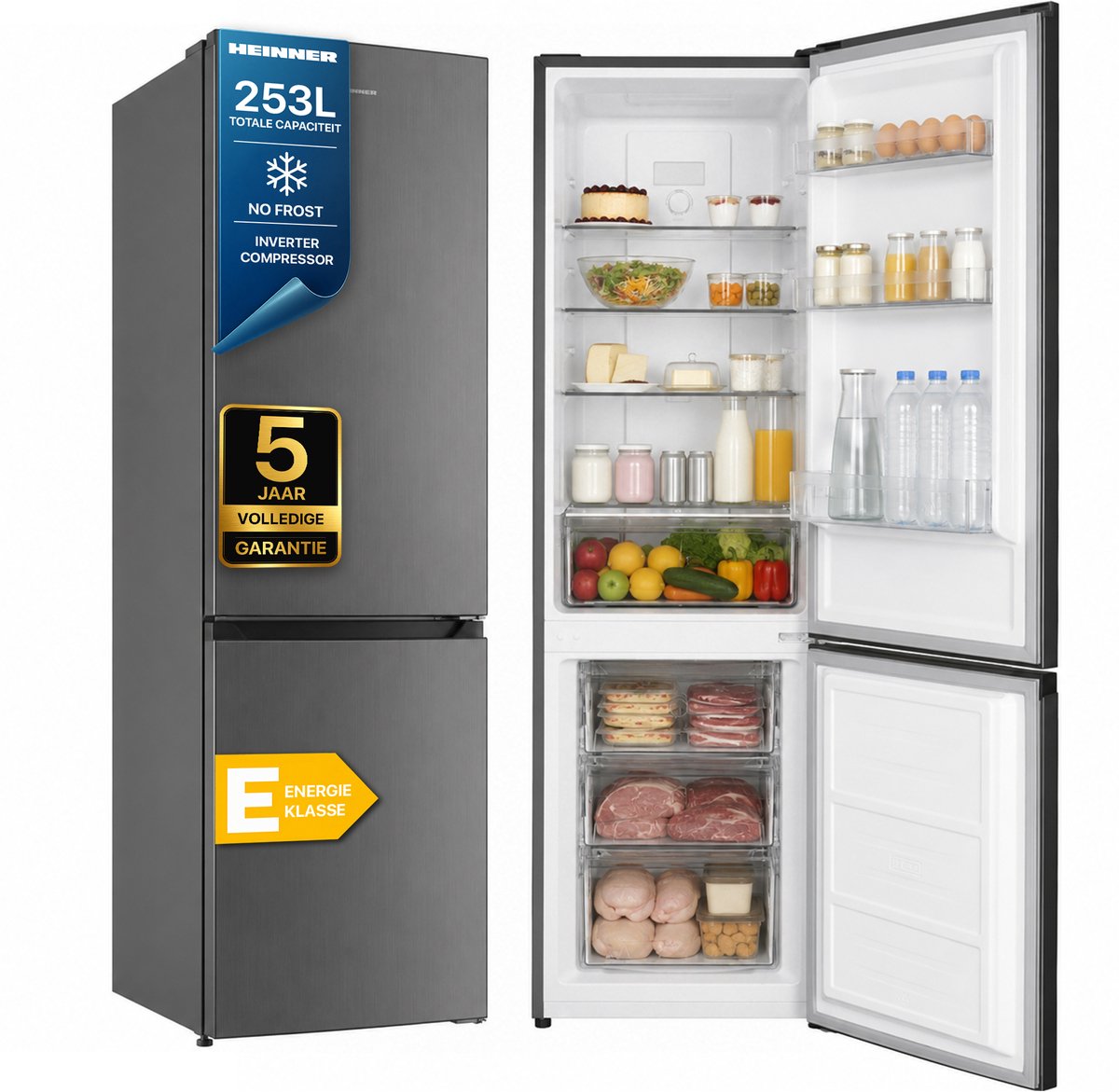 Heinner HCNF-HM253INVXE++ Koel-vriescombinatie 253 L – No Frost – Inverter Motor – Elektronische Bediening – Omkeerbare Deur – RVS – 5 Jaar Garantie