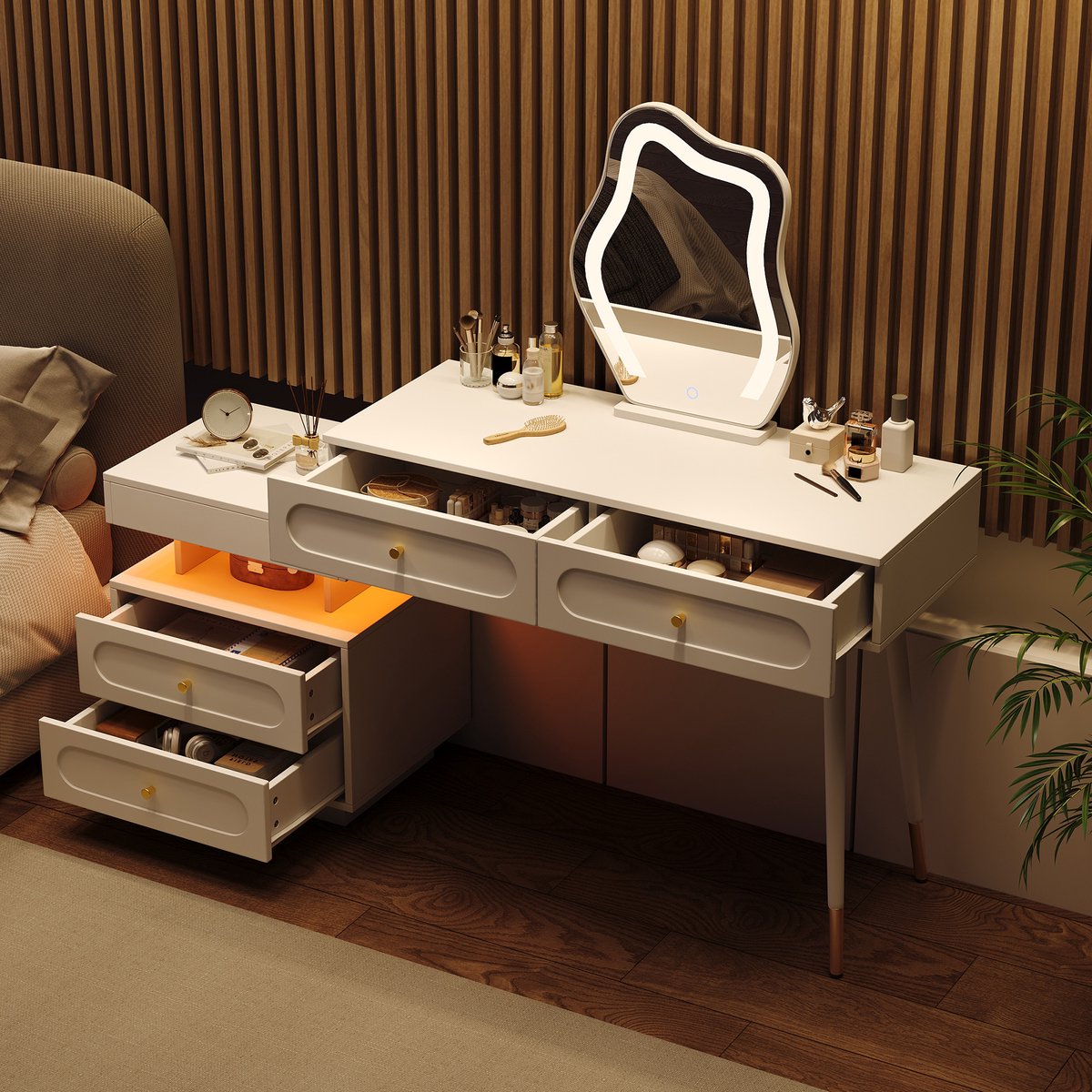 Zubaliya Kaptafel met LED-spiegel en 4 lades - wit - 140 x 40 x 130 cm
