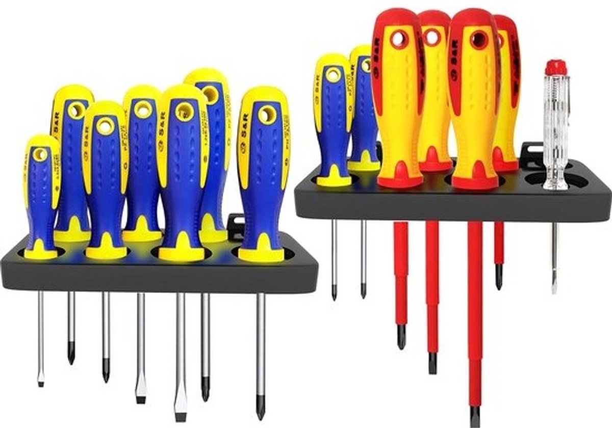 Schroevendraaierset, 16-delig, Magnetische Schroevendraaier, kruiskop, slot, voltmeter, Pozidriv schroeven, twee stabiele wandhouders, Kraftform Ergo handgreep, in S & R professional kwaliteit