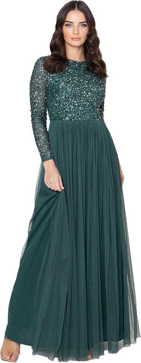 Deluxe Maxi Jurk met Korte Mouwen voor Bruidsmeisjes, Emerald, 48 EU