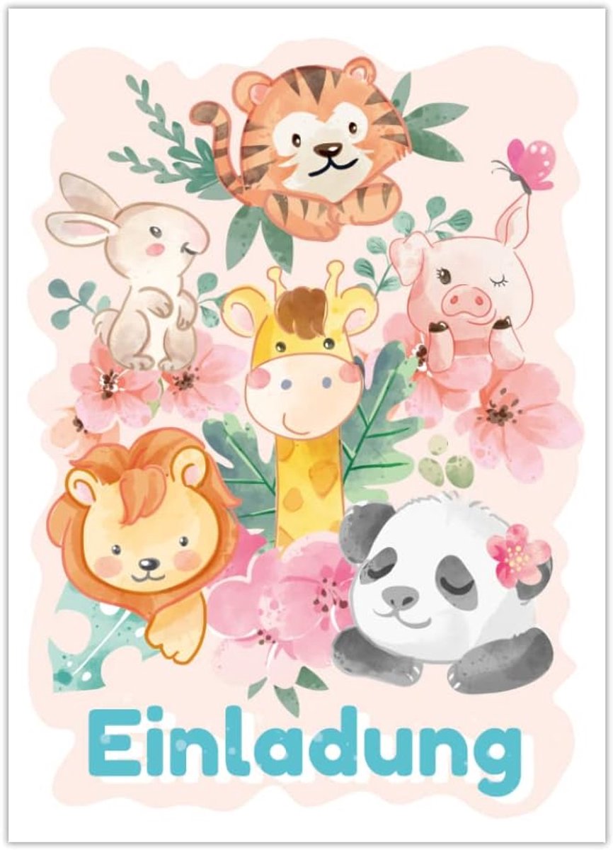 12 uitnodigingskaarten voor kinderverjaardag dieren meisjes jongens panda leeuw tijger