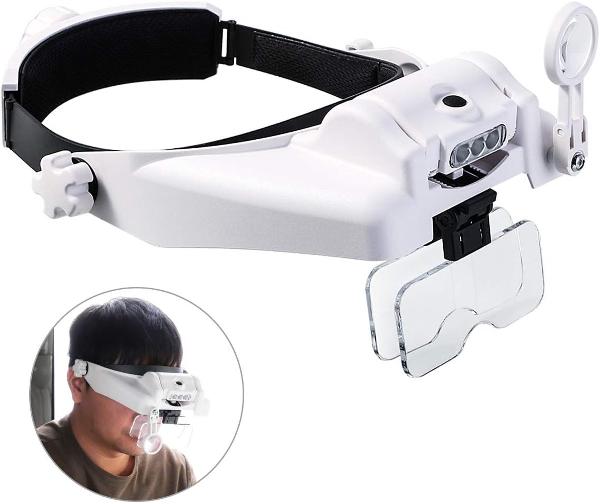 Hoofdloep met afneembare leds, handsfree leeskopvergrootglas, vizier, headset, helm, vergrootglas voor werkzaamheden in de buurt, naaien, knutselen, lezen, repareren, sieraden maken (1 x tot