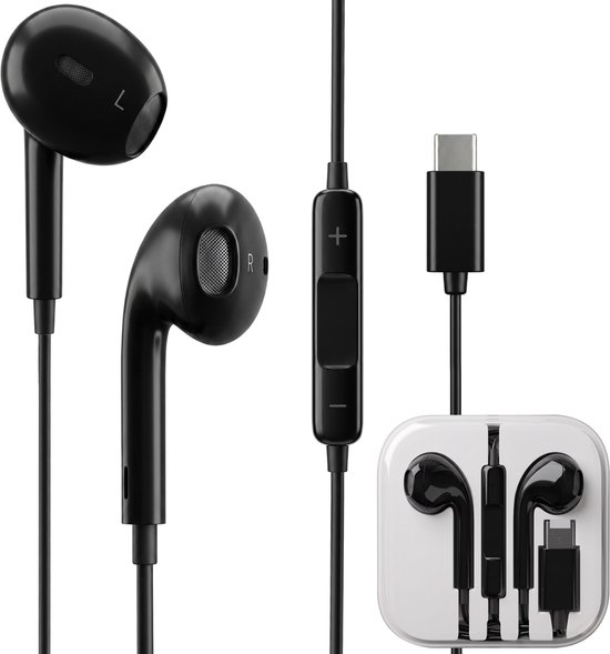 Zwarte in-ear oordopjes met kabel en bedieningspaneel, USB-C aansluiting en een opbergcase.