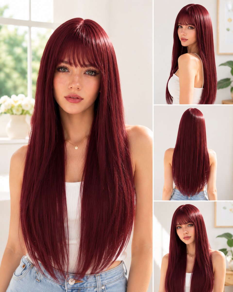 Pro Care Excellent Quality® Pruik Dames Bordeaux Rood – Lang Steil Haar met Pony – Hittebestendig tot 150°C – Verstelbaar – Wasbaar - Zacht & Comfortabel - 63 cm