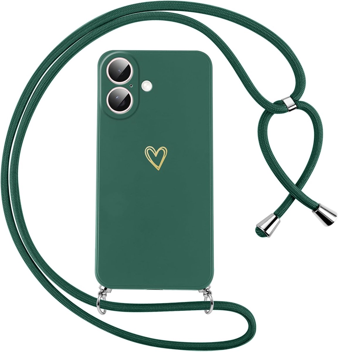 Beschermhoesje voor iPhone 16 met omhangkoord, zachte siliconen hoes met hartpatroon en halsketting, schouderriem, schokbestendig, krasbestendig, verstelbare halsband, groen