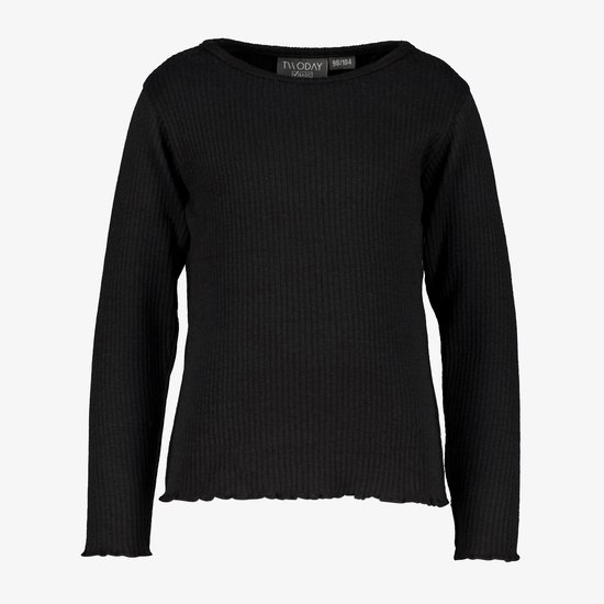 Zwart, langarmig meisjes T-shirt met ronde hals en geribde stof. Onderrand en mouwuiteinden met festonrand.