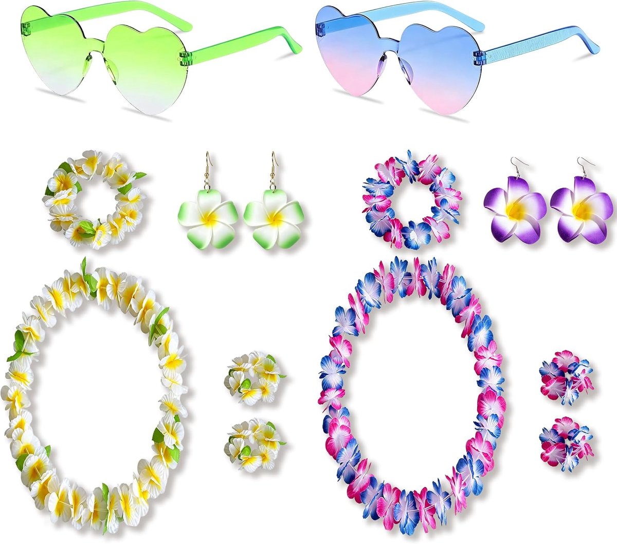 10-Delige Set Hawaï-Outfit voor Dames, Kleurrijke Hawaïketting met Bloemen, Stoffen Accessoires met Bloemenkettingen Hawaï met Brillen en Clips voor Strandfeesten en Festivals