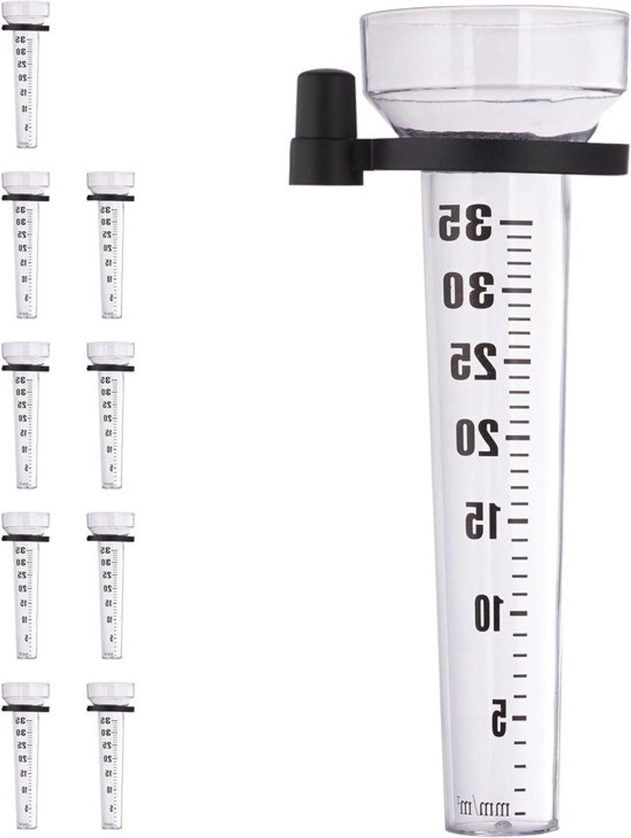 Regenmeter set van 10 met houder en pluviometer - Balkon maatstrepen tot 35 mm/m² - Kunststof transparant/zwart