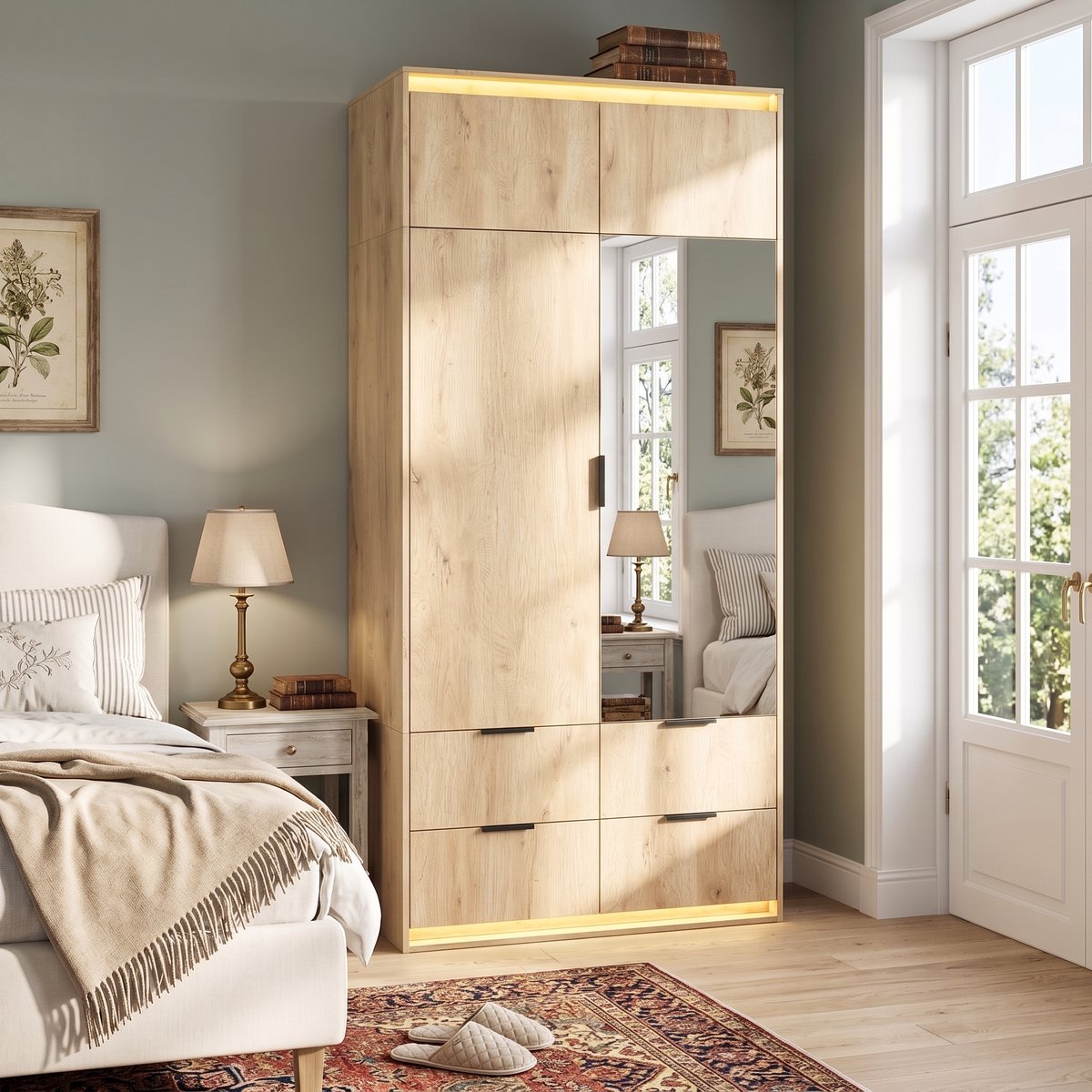 Zubaliya Kledingkast, 2-deurige kledingkast, met spiegel, LED-verlichting, 90 x 47 x 200 cm, met 1 Kledingroede, 4 Lades, Draaideurkast, moderne Slaapkamerkast, Antraciet-eiken Wood