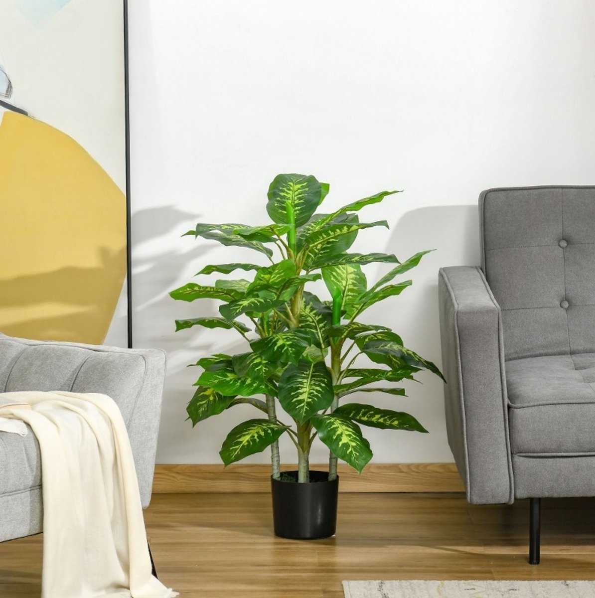 DESMIU Kunstplant Dieffenbachia – 95 cm – Kunststof – Groen – Zwarte Cementen Pot – Voor Binnen en Buiten – Realistische Gestreepte Bladeren