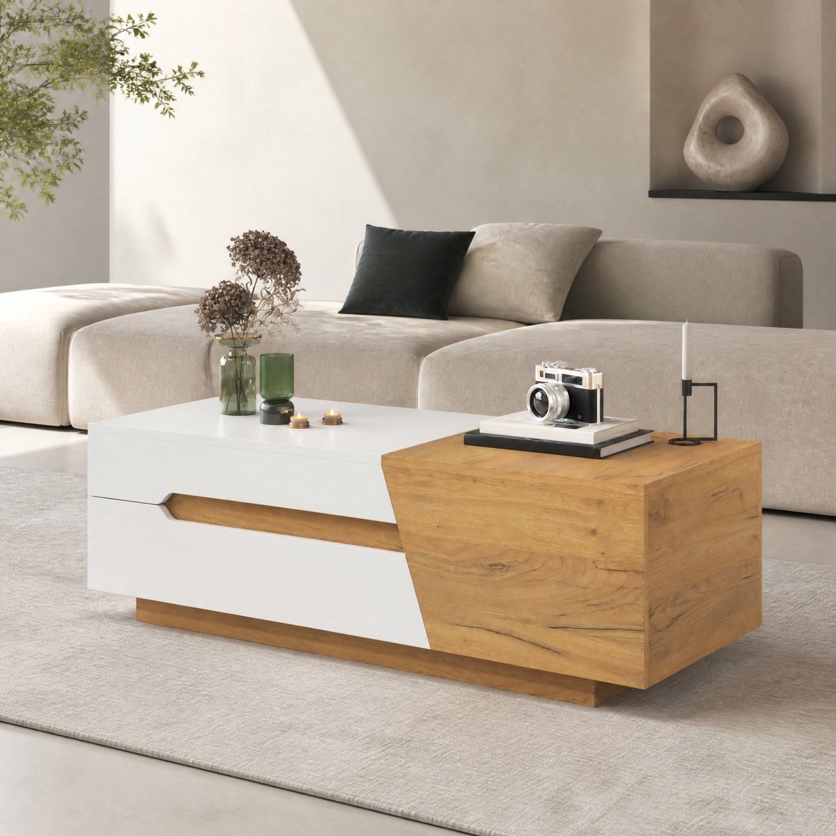 MEUNIQ uitschuifbare salontafel 120 x 50 x 37,5 cm met schuifmechanisme, 2 lades en opbergruimte voor de woonkamer, wit en naturel
