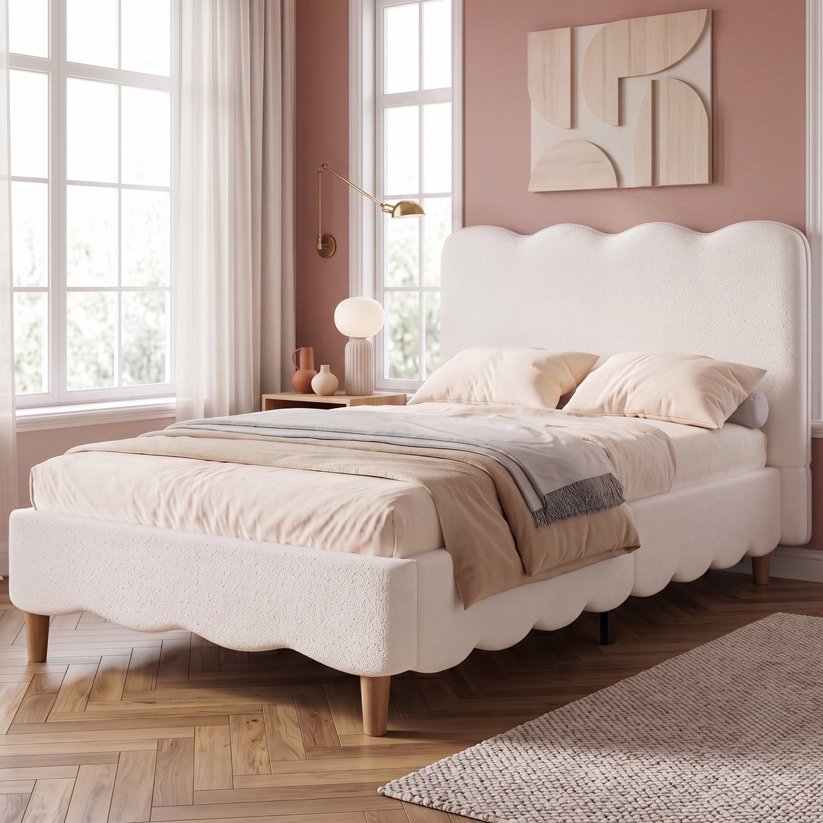 MODENUIT Gestoffeerd Kinderbed – 90 x 200 cm – Met Lattenbodem en Hoofdbord – Bouclé Stof – Wit – Eenpersoonsbed
