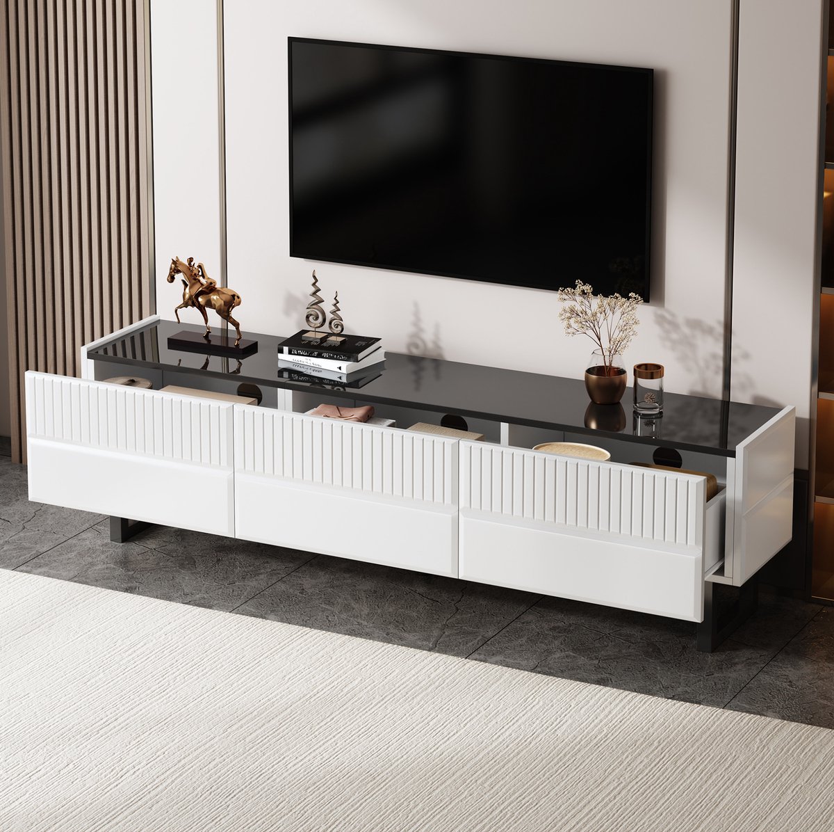 MEUNIQ TV-meubel 170 x 35 x 47 cm met 3 lades, hoogglans blad en metalen poten - zwart en wit - lage opbergkast voor woonkamer