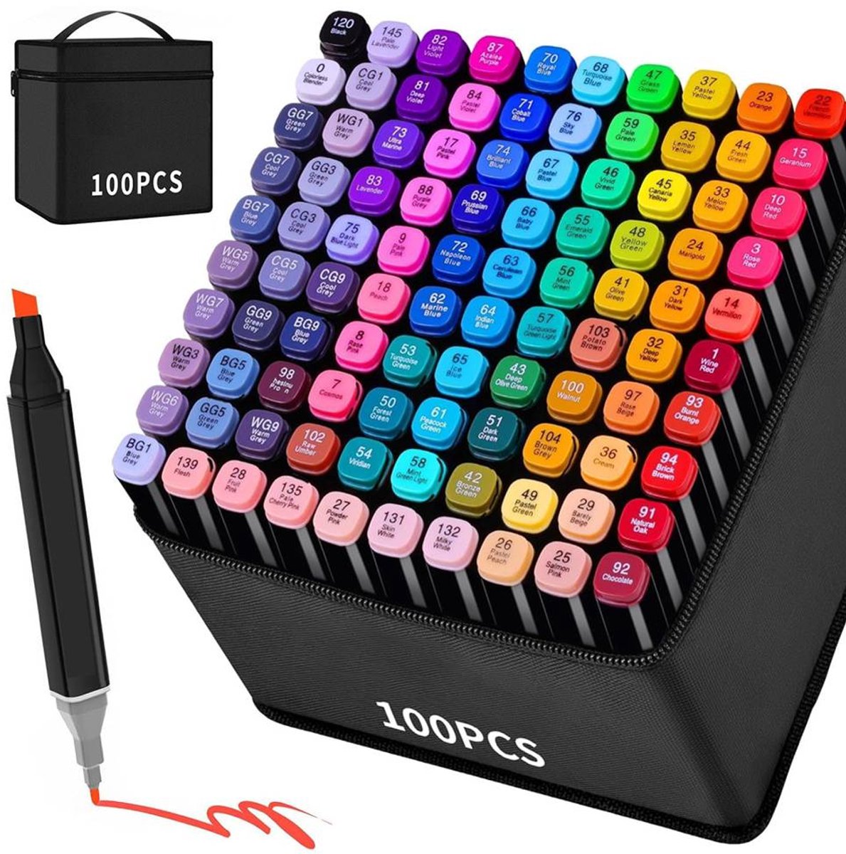 Twinmarkers 100 Kleuren - Oliebasis Markers - Dubbelzijdige Stiften - Sneldrogend - 1 mm & 6 mm Fijn & Breed - Hoge Kleurweergave - Volwassenen & Kinderen - met Standaard & Opbergtas - Voor Manga & Illustraties & DIY