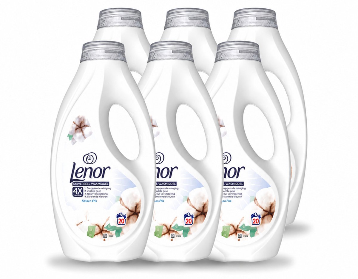 6 x Lenor – Wasmiddel – Katoen Fris – 20 Wasbeurten - 900 ml - Voordeelverpakking - 6 stuks