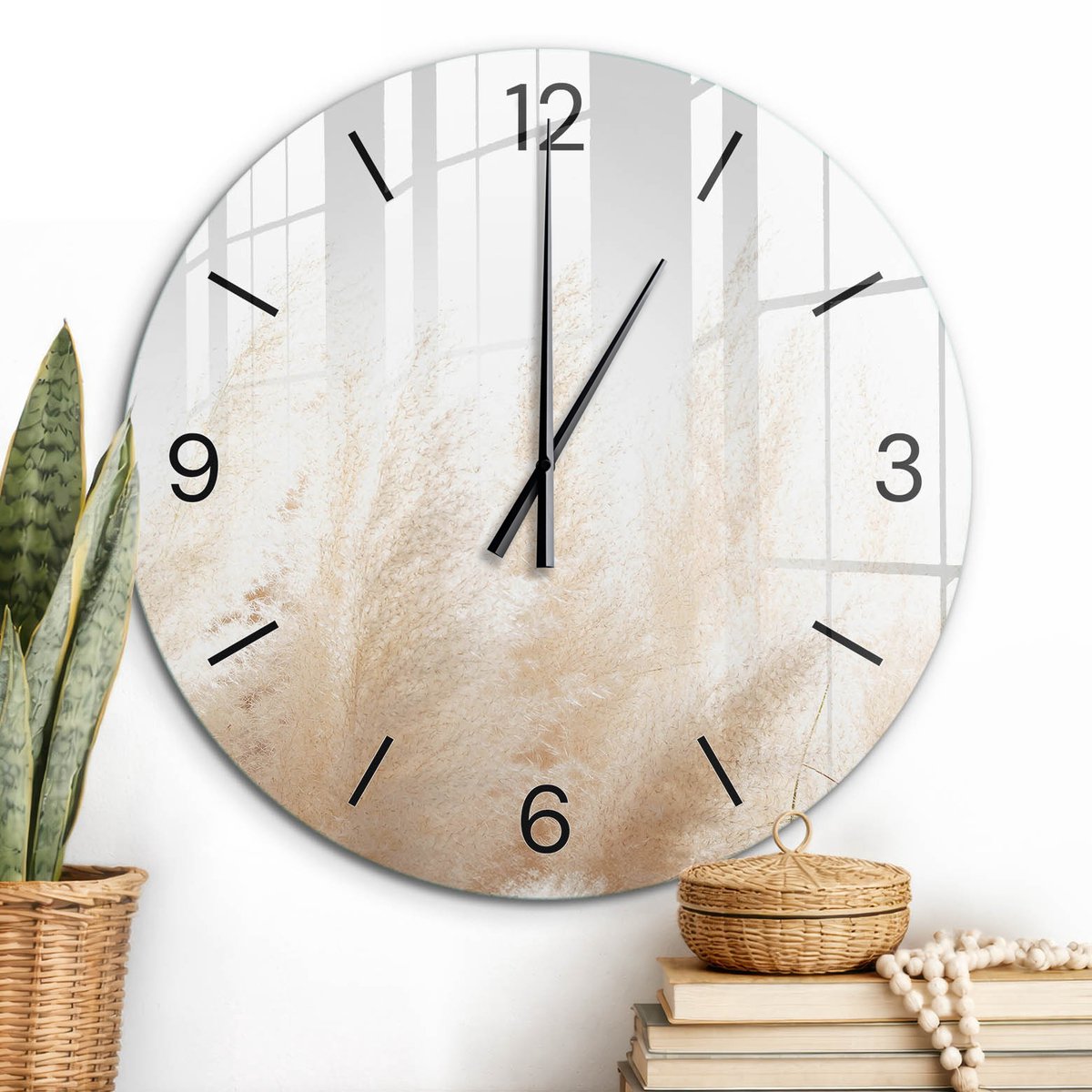 ArtPrintCave Beige Glazen Klok - Wandklok 60 cm - Muurklok Rond - Tere Grassen Wandklok Keuken - Achtergronden En Patronen Unieke Klok - Zwarte Klokwijzers