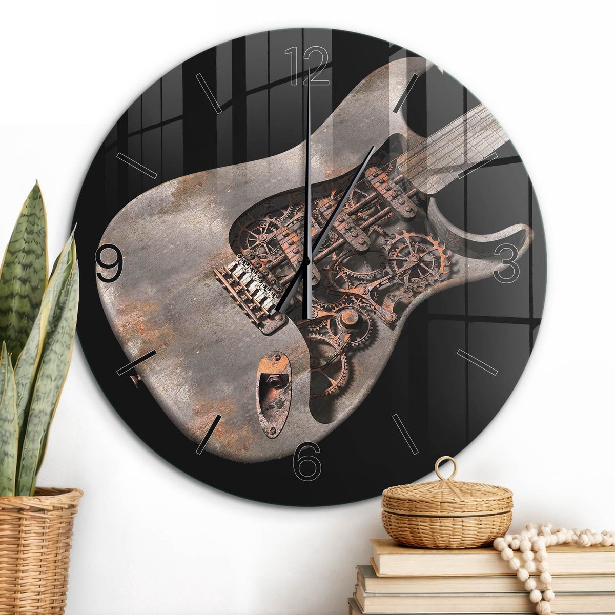 ArtPrintCave Grijs Glazen Klok - Wandklok 60 cm - Muurklok Rond - Industriële Gitaar Stille Wandklok - Abstractie Wandklok Keuken - Zwarte Klokwijzers