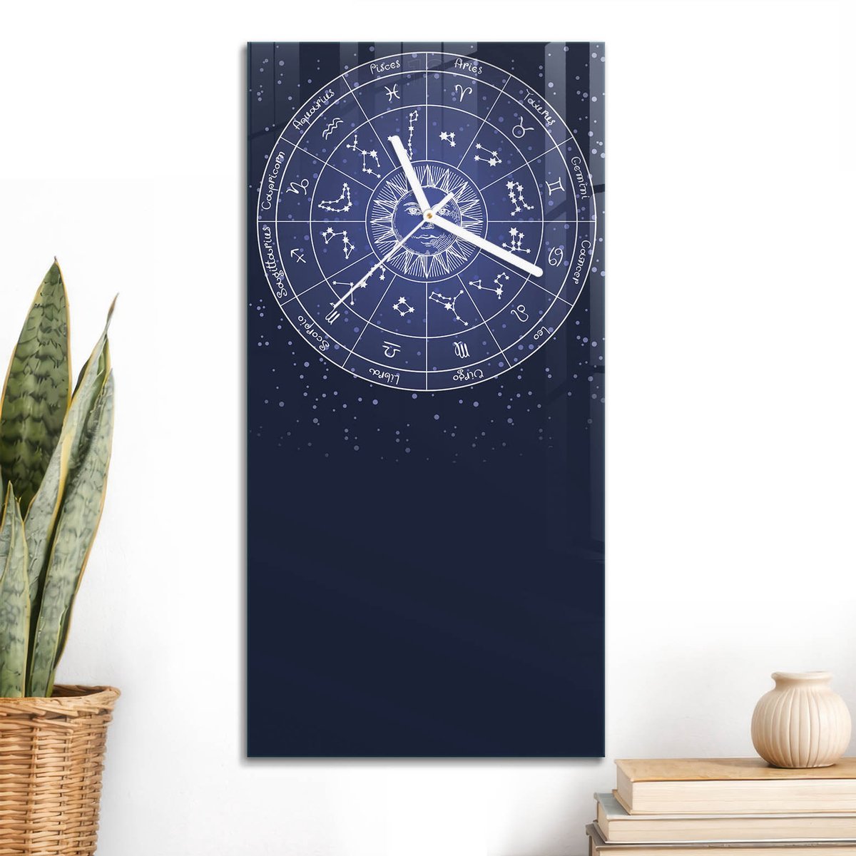 ArtPrintCave Blauw Glazen Klok - 30x60 cm - Rechthoekige Wandklok - Kosmische Dierenriem Stille Wandklok - Abstractie Wandklok Keuken - Witte Klokwijzers