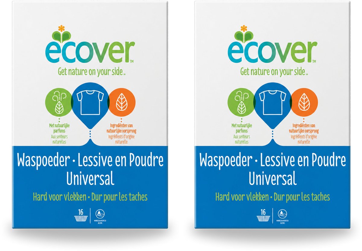 2 x Ecover - Waspoeder Universal - Voor witte & bonte was - 1,2 kg - Bulkverpakking - 2 stuks