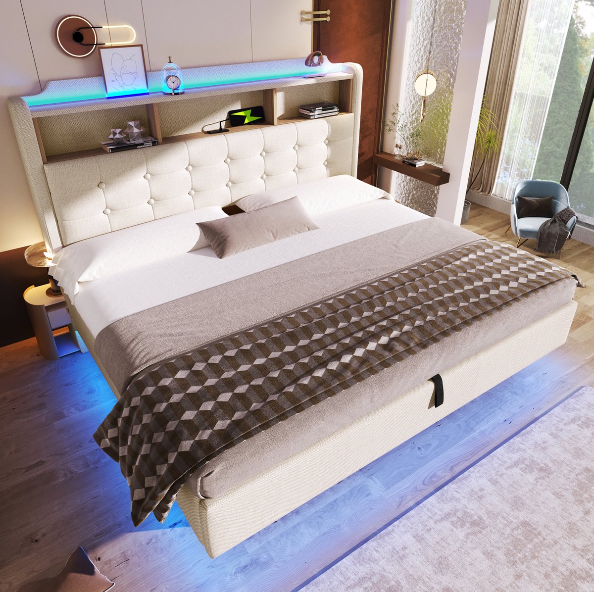 MODENUIT Gestoffeerd Bed - LED-strip - 180 x 200 cm - Linnen en MDF - Beige - Hydraulische Opbergruimte - USB en Type-C