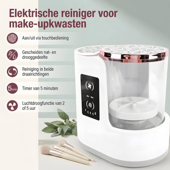Witte elektrische reiniger voor make-upkwasten met transparante container en koperkleurige rand, met touch bedieningspaneel.
