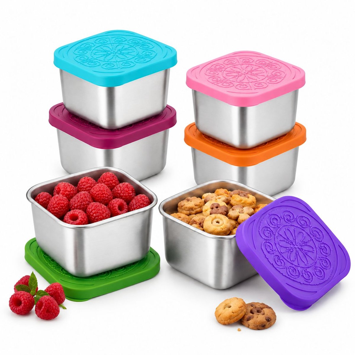 VHV - Set van 6 RVS Snackbakjes 180 ml met Siliconen Deksels - Vershoudbakjes - Snackbox - Herbruikbare snackdoosjes - Diepvriesbakjes - Lunchbox seal cup - BPA Vrij - Voorraadpotten voor dagopvang, reizen en maaltijdvoorbereiding