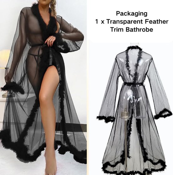 Badjas met veren voor dames, transparant, visnet, kimono, robe, diepe V-hals, bruid, babydoll, extra lang nachthemd, bikini-cover-up, lingerie, kant, licht, doorzichtig negligé, zwart — afbeelding 4
