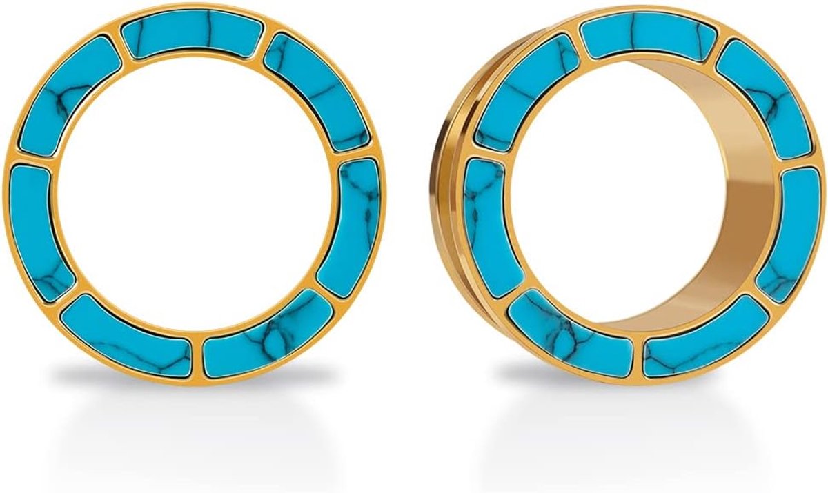 1 Paar Rvs Opaal Blauw Omrande Oor Vlees Tunnels Schroef Terug Fit Blauw Turquoise Shell Oor Meters Brancard Expander Piercing Sieraden 2g-1 inch