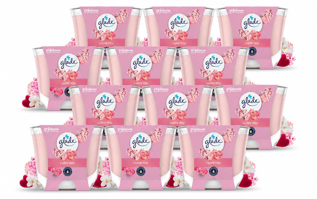 Glade 12 x Glade - Geurkaars I Love You - 100% Raapzaadwas - 204 g - Voordeelverpakking - 12 stuks roze