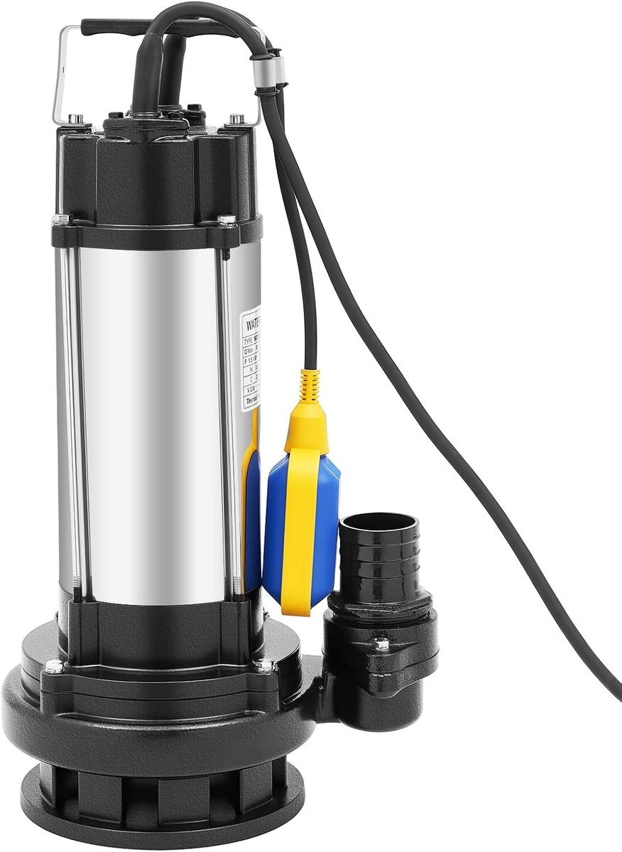 1500 W roestvrij staal vuilwaterpomp, 36000 l/u vuilwater dompelpomp fecaliënpomp met 6 m netsnoer, max. slag 22 m