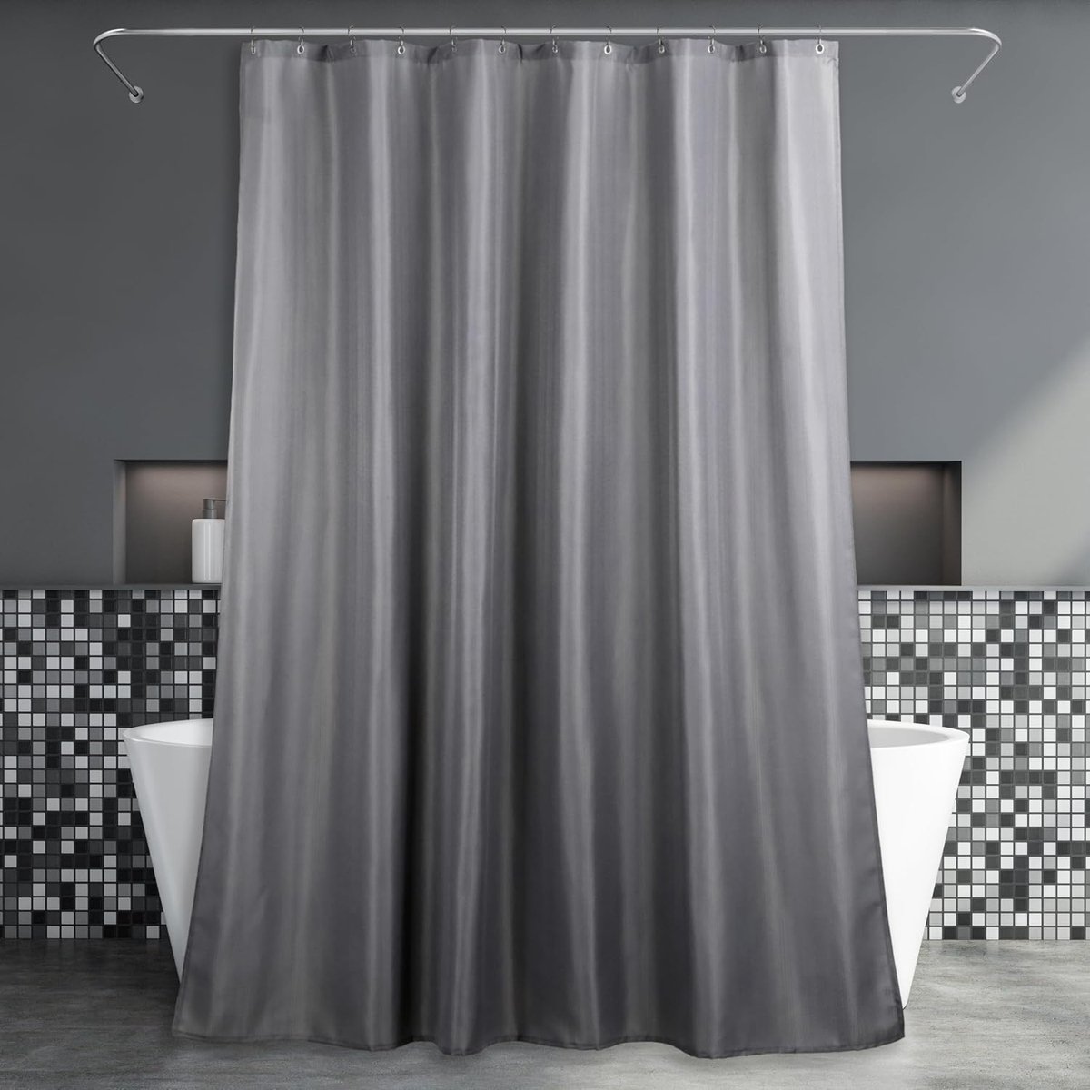 Douchegordijn van Donkergrijs stof: waterdicht, afwasbaar, linnen stijl, lange stof - Elegant neutraal grijs getextureerd polyester gordijn - 183 x 200 cm