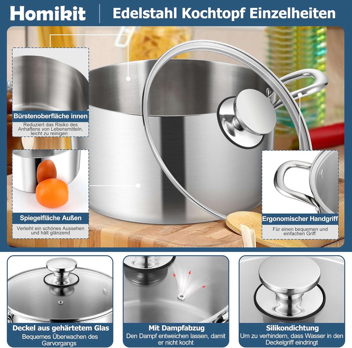 Kookpan 22 cm, 3-laagse Soeppan Inductie met Glazen Deksel, 4,7L Roestvrijstalen Kookpannen Pastapan voor alle Kookplaten, Roestvrijstaal Gepolijst & Onbedekt, Vaatwasserbestendig