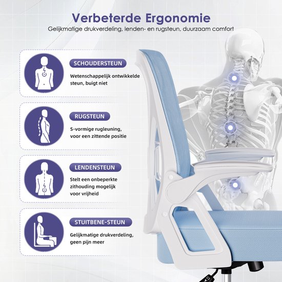 Blauwe bureaustoel met verbeterde ergonomie, schouder-, lenden- en rugsteun, voor gelijkmatige drukverdeling.