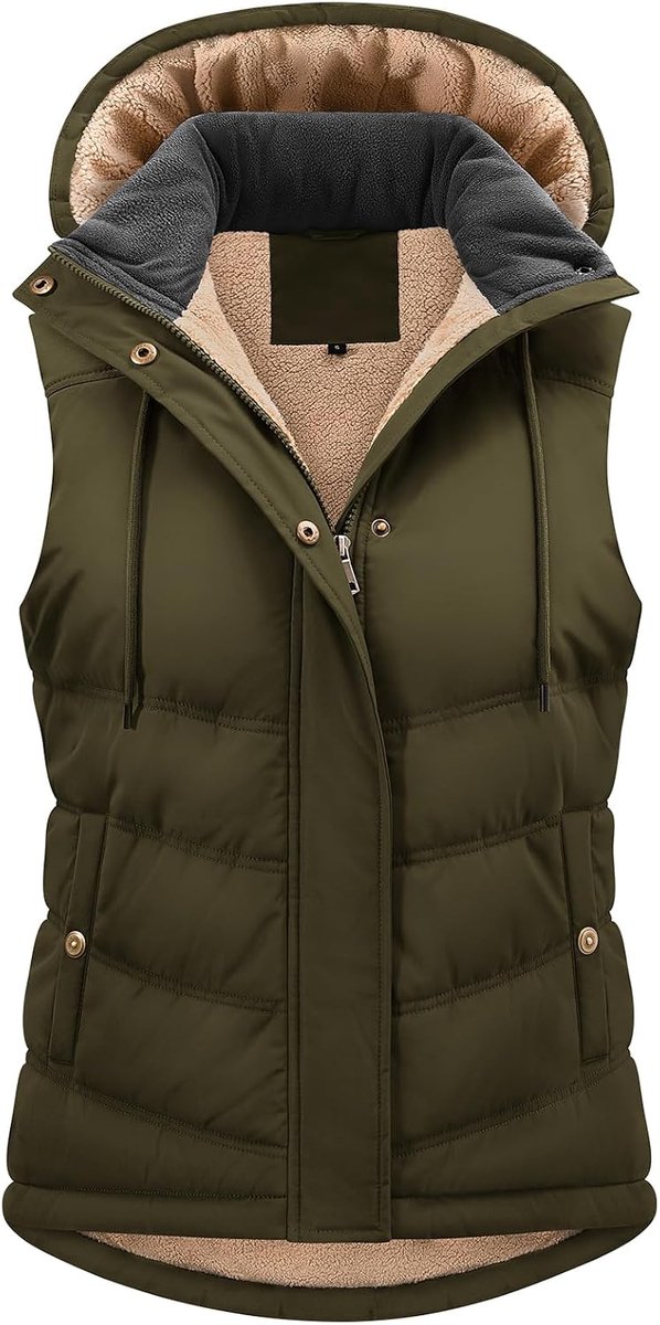 Heekpek Fleece vest voor dames, met capuchon, ritssluiting, vest voor dames, mouwloos jack, warm vest