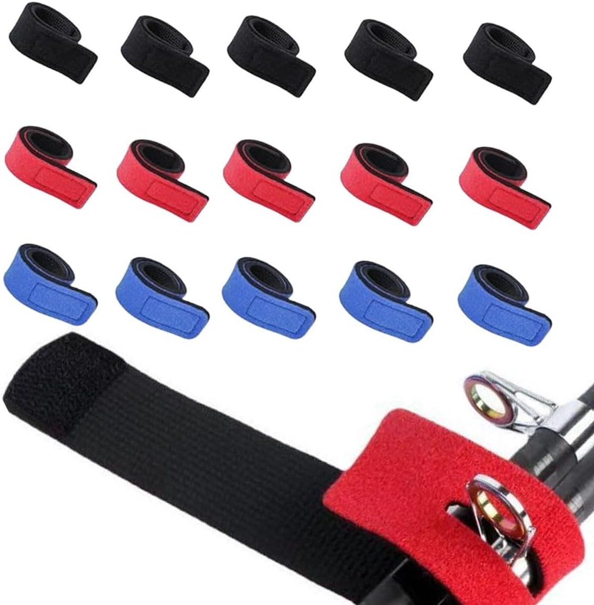 Hengelriem, hengelbanden, vissen, klittenband, hengelriem voor het binden en beschermen van spin en zee, hengelband, antislip, elastisch, sterk hechtend, 15 stuks (3 kleuren, 25 cm)