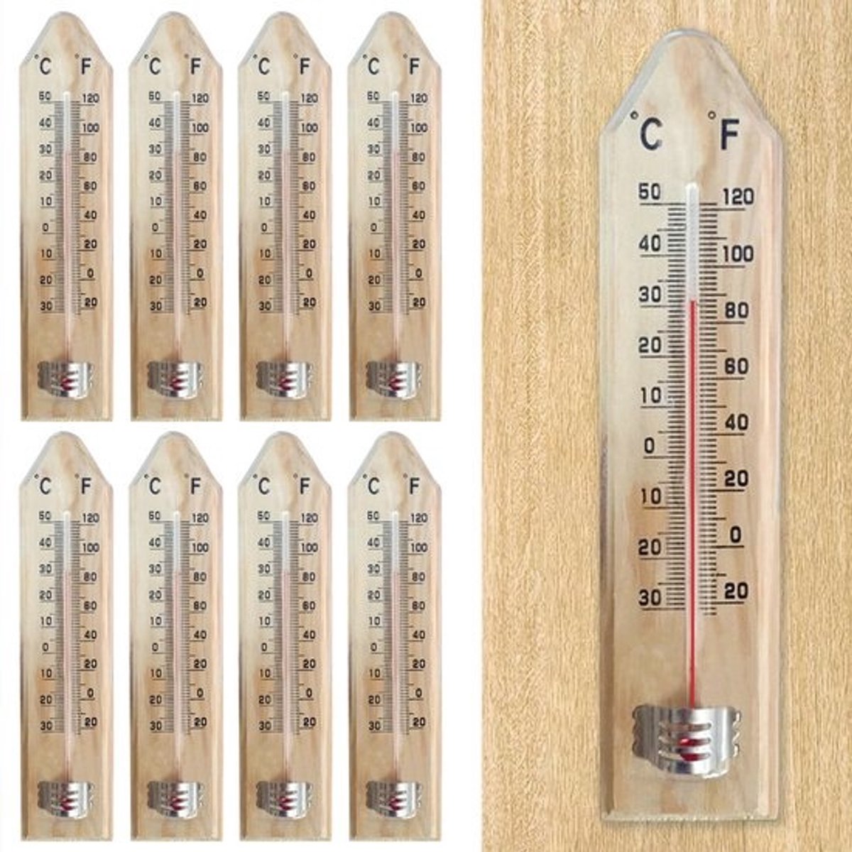 Set van 8 Houten Thermometers voor Binnen en Buiten - Weerbestendig, Analoge Temperatuurweergave, Hygrometer, -30 tot 50 °C