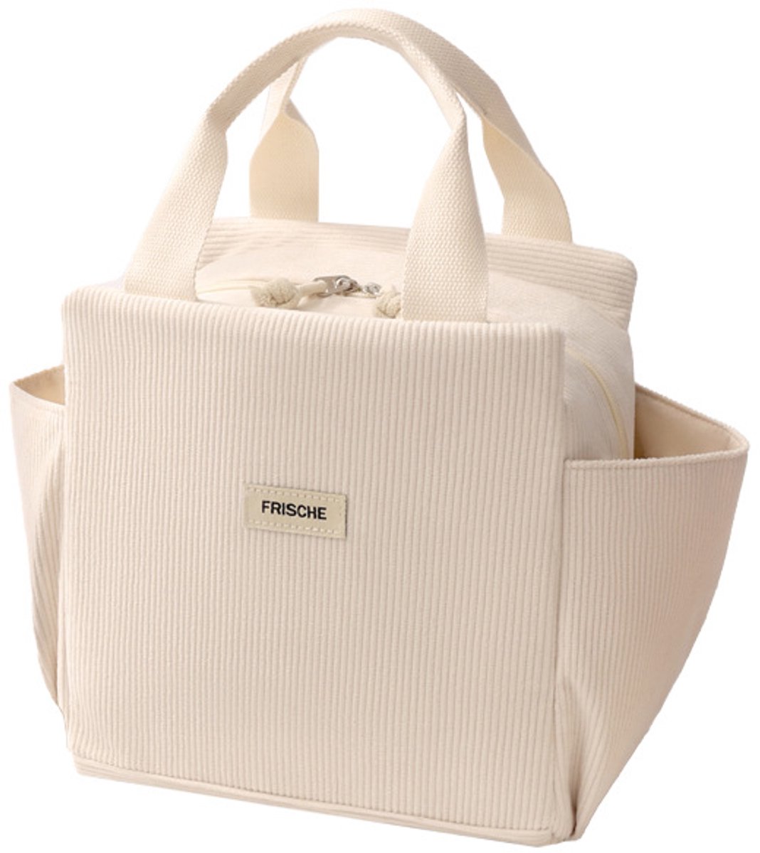 Lunchtas voor dames, 12 L geïsoleerde koeltas van ribfluweel, beige kleur, met zijvakken, geschikt voor paraplu, waterbeker, tafelservies en mobiele telefoon, voor picknick, werk, school en dagelijks gebruik