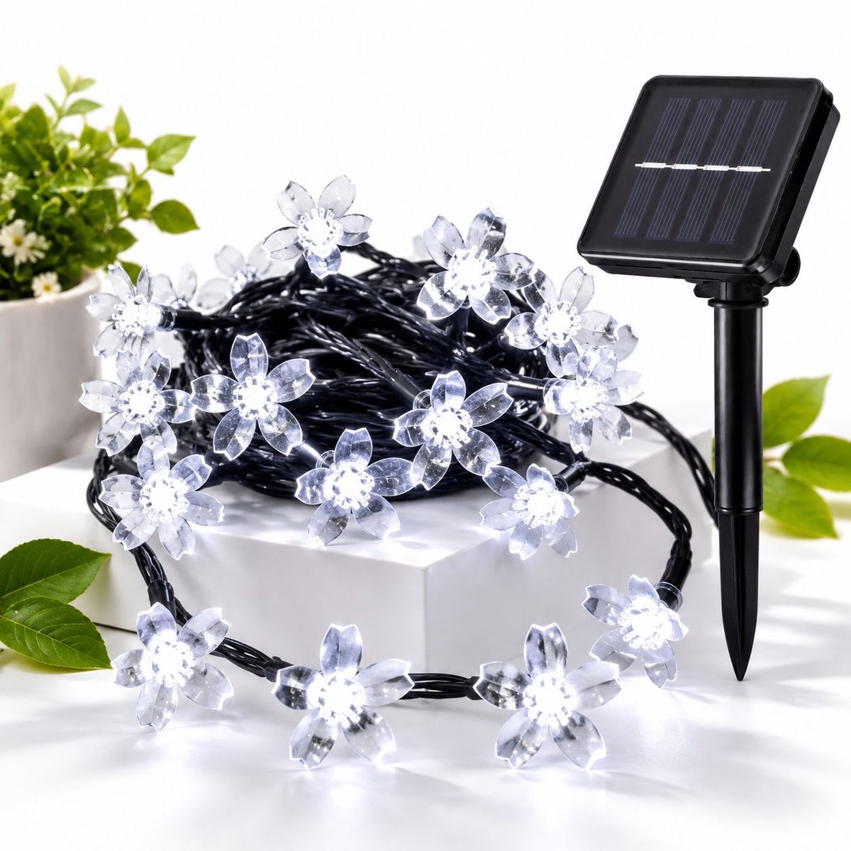 VHV - Lichtsnoer buiten - Buitenverlichting Lichtslinger - Tuinverlichting op zonneenergie - Kersenbloesem solar lamp - 7 m 50 LED koud wit - Waterdicht