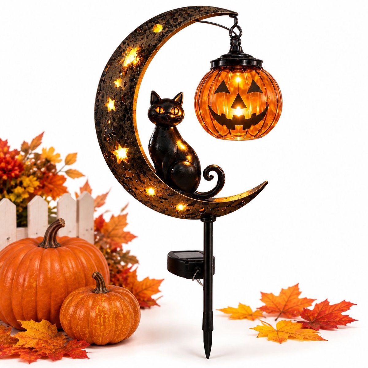 VHV - Solar Halloween Zwarte Kat & Pompoen Maan Tuinpadverlichting - Waterdichte Buitenverlichting - voor Terras, Tuin, Gazon, Pad
