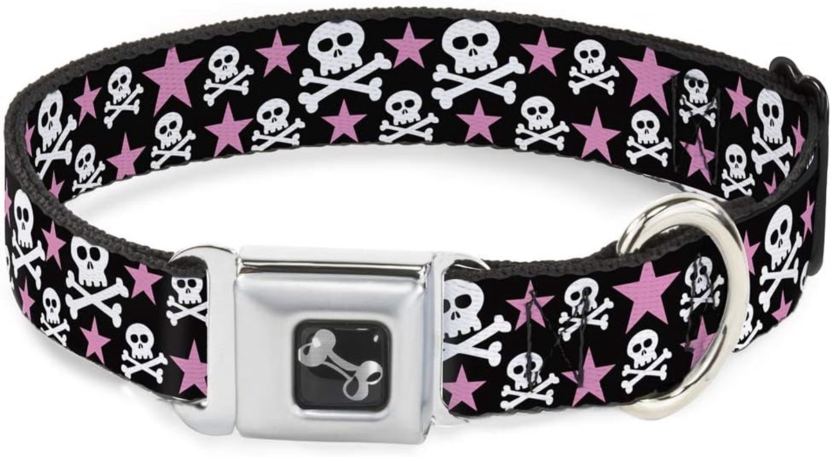 Seatbelt gesp hond kraag - schedels & sterren zwart/wit/roze, 1" Wide - Fits 15-26" Neck - Large, Skulls