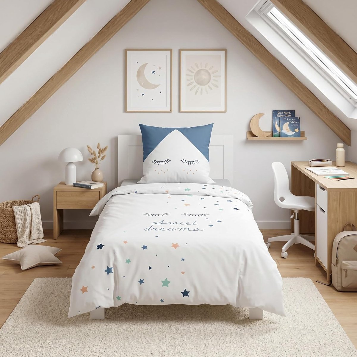 Meisjesbeddengoedset, kinderbeddengoed, Sweet Dreams, omkeerbaar motief, wimpers, 2-delig, kussensloop 80 x 80 cm + dekbedovertrek 135 x 200 cm