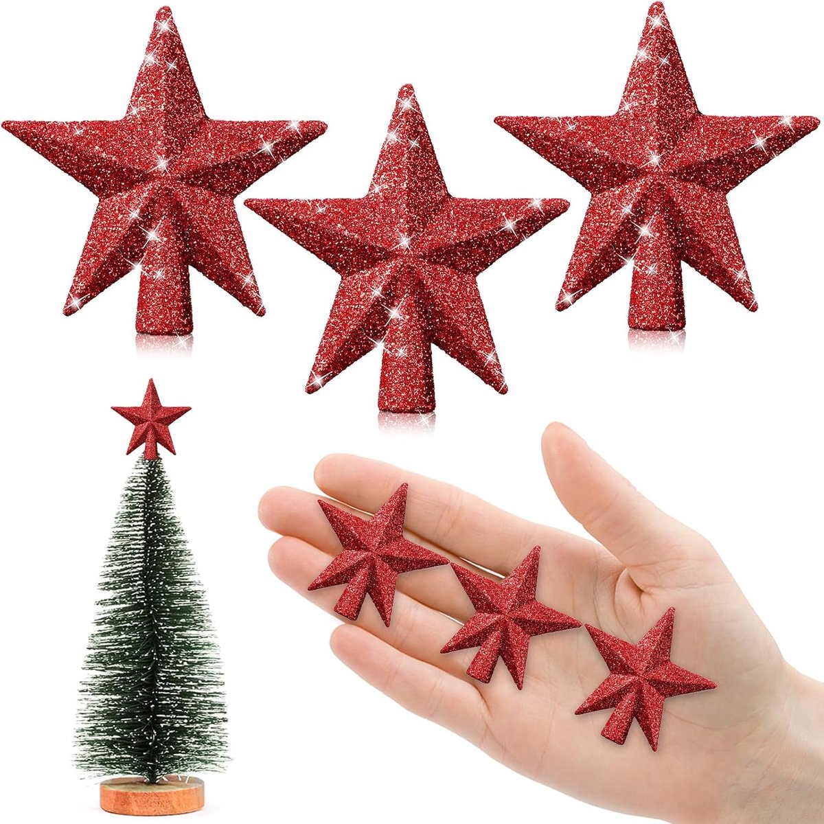 6 cm ster voor kerstboom, mini-kerstboompiek, mini-sterren voor de decoratie van de kleine kerstboom (6 cm glitter: rood)