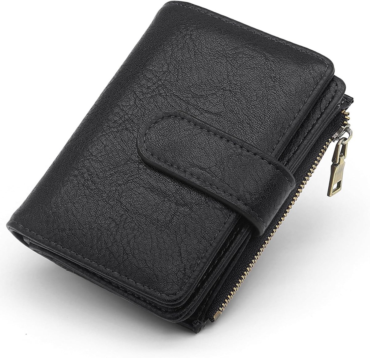 Damesportemonnee van PU-leer, RFID-blokkering, portemonnee met ritssluiting, muntvak en 17 kaartvakken, kort formaat portemonnee, zwart, 12.7x9.7x3cm, Modern
