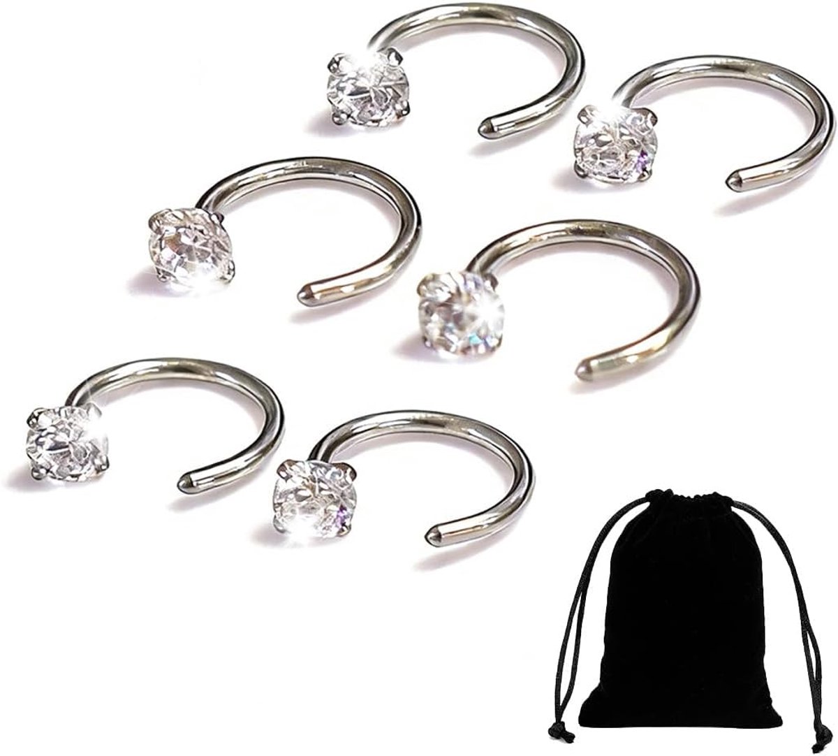 Set van 6 hoefijzers neuspiercings voor dames, 8 mm zilveren neusringen van chirurgisch staal, compatibel met helix, tragus en labret, lippiercing