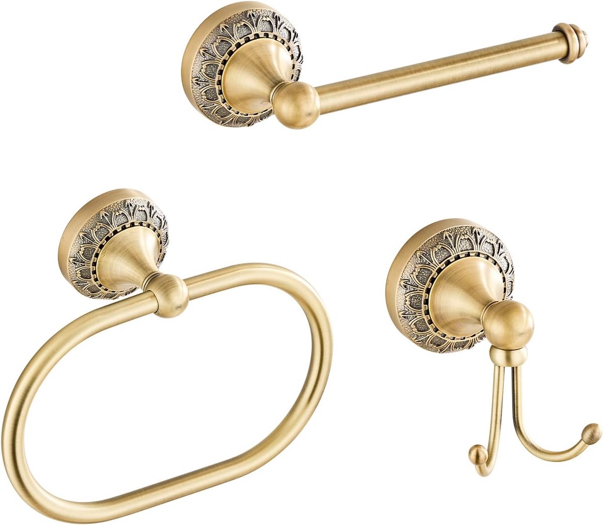 Set van 3 badkameraccessoires met antieke gravure - toiletpapierhouder, handdoekring en dubbele haak - duurzame krasbestendige metalen badkamerset voor badkamer en gastentoilet - klassiek vintage