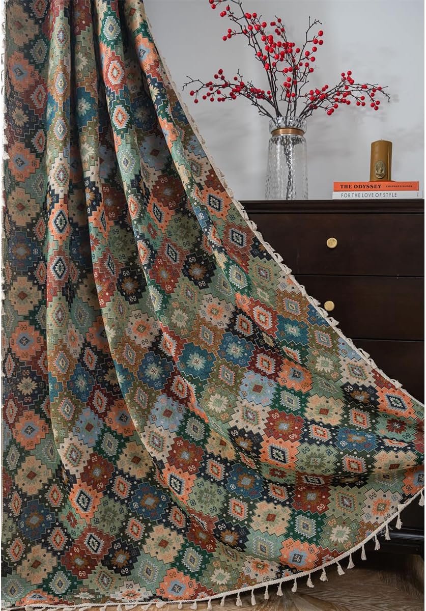 Vintage gordijnen, geometrisch, ondoorzichtig, groen, linnenlook, boho, etno, jacquard, katoenen gordijnen met kwastjes, stang, voor woonkamer, slaapkamer, 1 stuk, 150 x 240 cm (b x