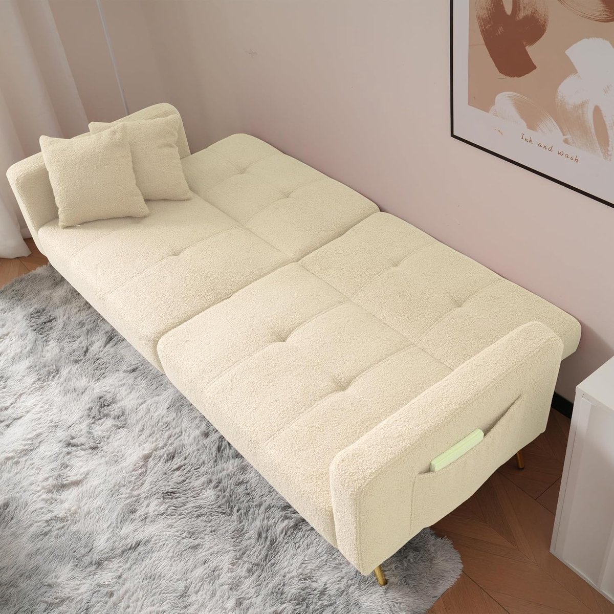 2-zitsbank, 3-voudig verstelbare rugleuning, zachte gestoffeerde bank met 2 kussens en stabiele metalen poten, comfortabele bank voor woonkamer en klein appartement, stof, beige