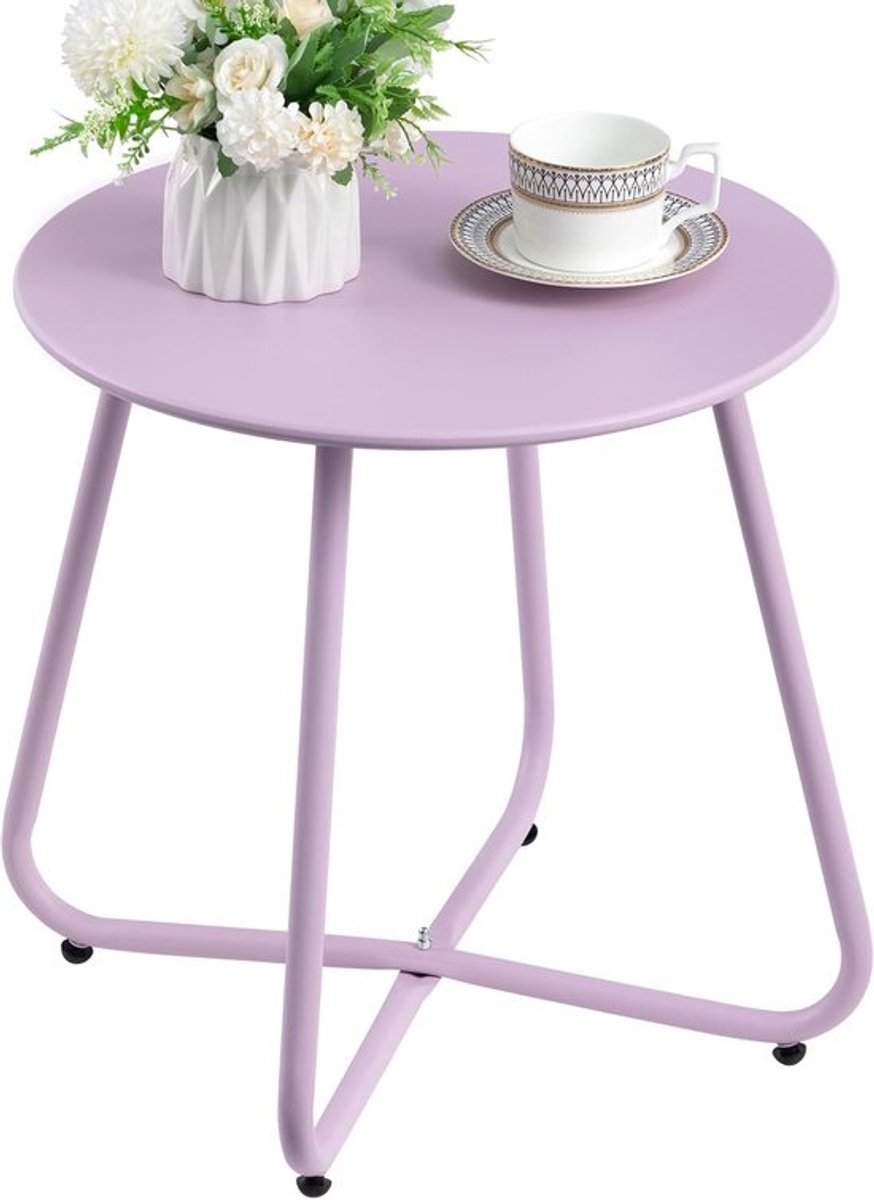 Ronde bijzettafel voor buiten - Verstelbare hoogte - Lichtpaars - Weerbestendig metaal - Diameter 43.5 cm - Draagbaar voor terras, balkon of woonkamer