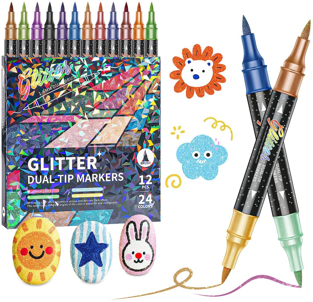 Glitterstiften met twee uiteinden en twee kleuren, sneldrogend, geschikt om mee te tekenen/knutselen, te gebruiken op steen, glas, hout, stof en paaseieren,12 stuks (24 kleuren)