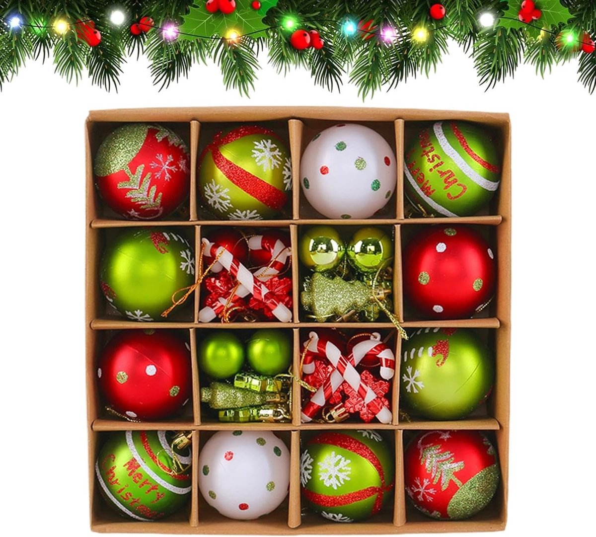 Kerstdecoratie van ballen, decoratieve gekleurde kerstballen, hangers, kerstboomdecoratie, ornamenten en ballen, voor binnen en buiten, tuin, feesten, terras en